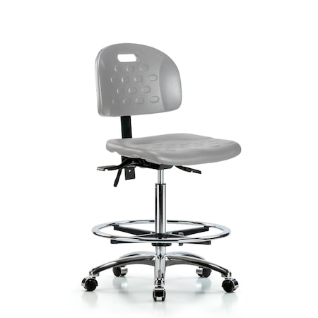 Blue Ridge Ergonomics Poly Chair Chrome - High Bench Height with Seat Tilt, Chrome Foot Ring, & Casters in Gray Poly HPHBCH-CR-T1-A0-CF-CC-GRY