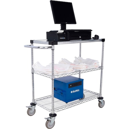 Global Industrial Nexel, 3 Shelf, Push Cart, Chrome, 36"W x 18"D x 40"H, Poly Casters, 4 Swivel, 2 Brake PS18363CSZ