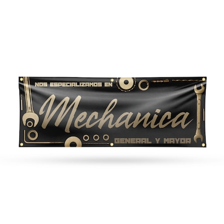 Signmission Nos Especializamos en Mechanica General y Mayor, 24 Inch x 72 Inch, Vinyl Banner B-72-30758
