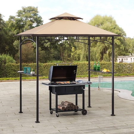 Sunjoy 8 ft. x 5 ft. Brown Steel 2-tier Grill Gazebo with Tan and Brown Canopy A103002203