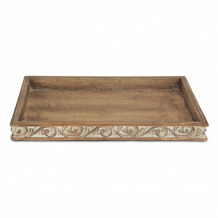 Homeroots 17in Brown Distressed Finish Wood Tray With Side Carvings 379825