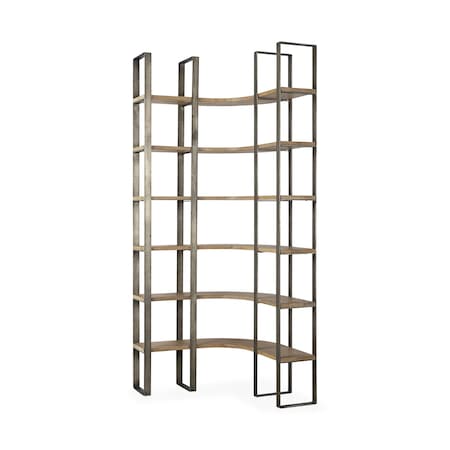 Homeroots 90" Brown Nickel and Solid Wood Curved Six Tier Corner Bookcase 392230