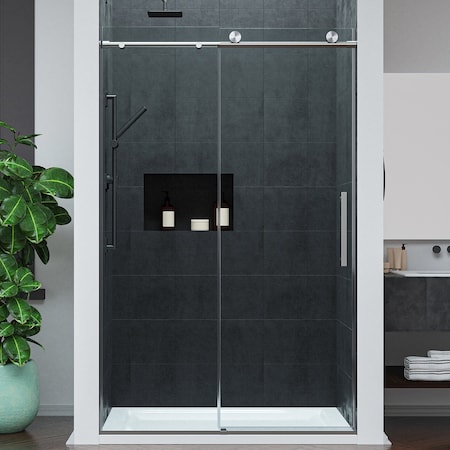 Anzzi 48in Reversible Frameless Sliding Deco-Glass Shower Door w/ Soft-Close System Chrome Finish SD-AZ20-01CH