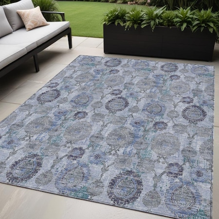 Homeroots 5' X 8' Navy Blue And Sky Blue Damask Washable Indoor Outdoor Area Rug 588143