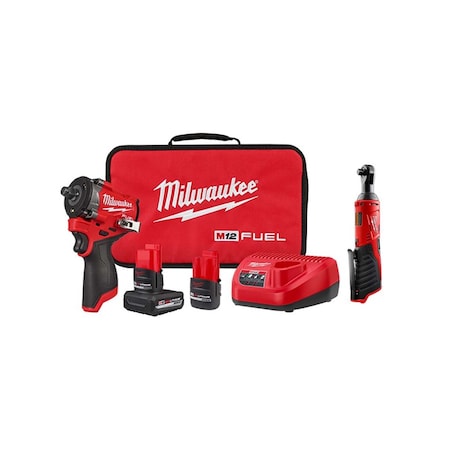 Milwaukee Tool M12 FUEL Impact Wrench Kit + M12 Ratchet 2563-22, 2457-20
