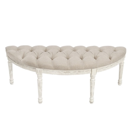 Homeroots 55in Beige and White Tufted Linen and Solid Wood Upholstered Distressed Half Circle Bench 639957