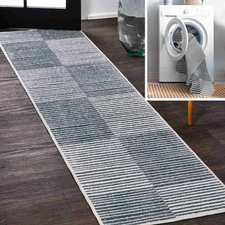 Jonathan Y Shutter Minimalist Striped Plaid Machine-Washable Dark Gray/Cream 2 ft. x 8 ft. Runner Rug WSH305A-28