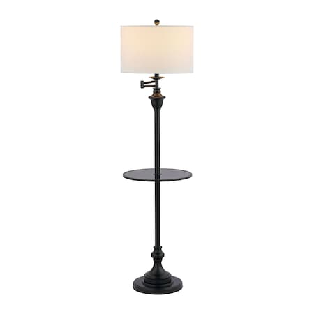 Jonathan Y Cora 60" Modern Metal LED Floor Lamp with Integrated Glass Side Table and Swing Arm, Black JYL3055D