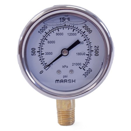 Marsh Pressure Gauge, 1/4 in NPT, Bottom Location J7672P