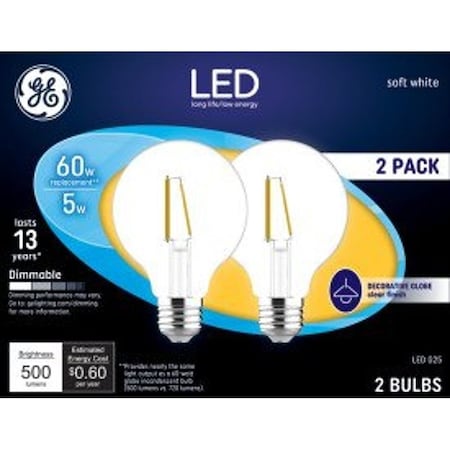 Ge LED Bulb G25 Lamp, 60 W Equivalent, E26 Medium Lamp Base, Dimmable, Clear, Soft White Light, 2PK 23344