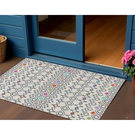 Homeroots 3' X 5' Linen Pink And Orange Geometric Washable Indoor Outdoor Area Rug 612190