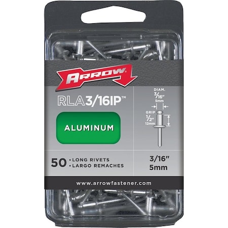 Arrow Fastener Blind Rivet, 3/16 in Dia., 1/2 in L, Aluminum Body RLA3/16IP
