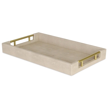 Homeroots 16in Cream Wood and Vinyl Faux Shagreen Serving Tray With Gold Handles 518597