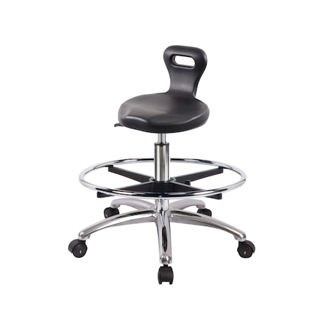 Blue Ridge Ergonomics Poly ESD Serpent Stool Chrome-Medium Bench Ht with Chrome Foot Ring & ESD Casters in ESD Black Poly ESD-PSPMBSL-CR-CF-EC