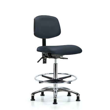 Blue Ridge Ergonomics Chair, Vinyl, Hi Bench, Chr CF Glides, Nav, No Arms, 26" to 35-1/2" Height, Imperial Blue BR-VHBCH-CR-T0-A0-CF-RG-8582