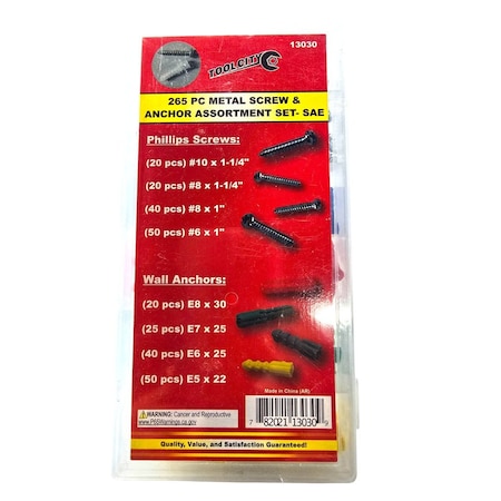 Tool City 265 PIECE METAL SCREW AND ANCHOR ASSORTMENT SET- SAE 13030