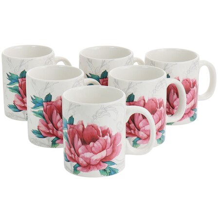 Martha Stewart 16oz Fine Ceramic Decorated Floral 6 Piece Mug Set in White and Pink 128869.01