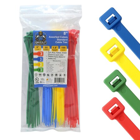 Grizzly Supply Cable Tie, 8 in L, 50 lb Strength, 2.2 in Max Bundle Dia, Nylon 6/6, Assorted Colors, 100PK GS-C8-50-Multi-C