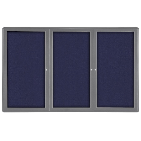 Ghent Ovation 3 Door Enclosed Fabric Bulletin Board, Gray Frame, 4'H x 6'W, Blue OVG5-F93