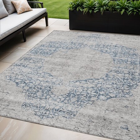 Homeroots 5' X 8' Blue And Ivory Oriental Washable Indoor Outdoor Area Rug 605104