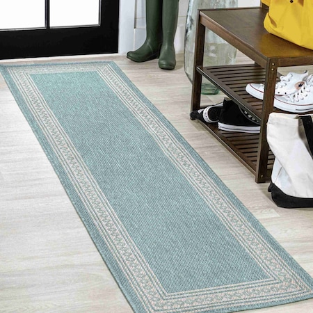 Jonathan Y Lucia Classic Diamond Border Aqua/Light Gray 2 ft. x 8 ft. Indoor/Outdoor Runner Rug SMB207D-28