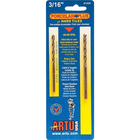 Artu 3/16'' x 3-1/2'' Cobalt and Tungsten Carbide Glass & Tile Drill Bit 1430