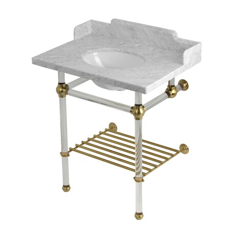 Kingston Brass 30-Inch Carrara Marble Console Sink with Acrylic Legs and Shelf, 8-Inch, 3-Hole LMS30MAB7