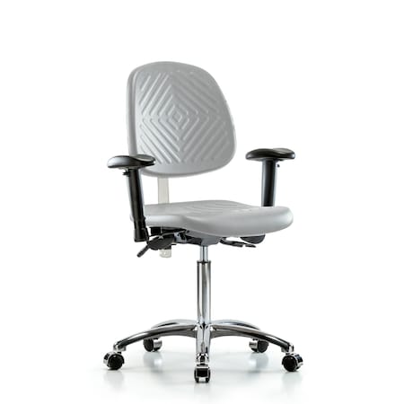 Blue Ridge Ergonomics Class 100 Poly Clean Room Chair-Medium Bench Ht with Medium Back, Adj Arms, &Casters in Gray Poly NCR-PMBCH-MB-CR-T0-A1-NF-CC-GRY