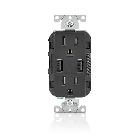 Leviton USB Charger/Duplex Tamper-Resistant Receptacle, 3.6/15 Amp, 125 Volt, NEMA 5-15R, Black T5632-E