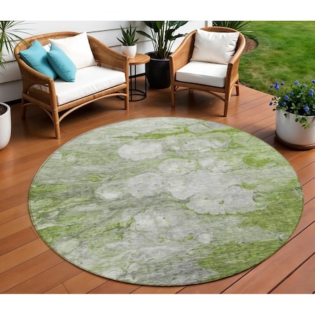 Homeroots 8' Olive Green And Gray Round Abstract Washable Indoor Outdoor Area Rug 582172