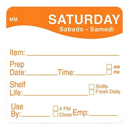 Daymark Day of the Week Label, Orange, 2" H, Paper IT120156-6-Sat