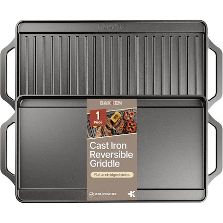 Bakkenmaster Bakken 18 in Reversible Cast Iron Griddle, Flat & Grill, Dual Burner, Pre-Seasoned, Nonstick BAKCASTGRID99