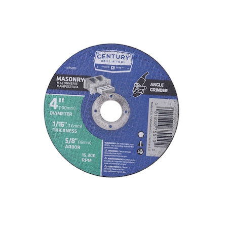 Century Drill & Tool Abrasive Cut-Off Wheel, Type 1A, 4-1/2 in Dia, 1/16 in Thick, 5/8 in Arbor Hole Size, C46S Series 75510