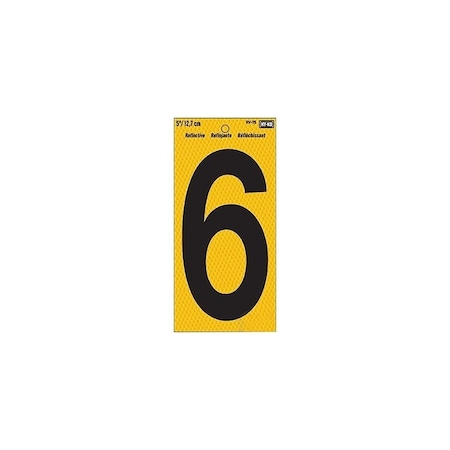 Hy-Ko Reflective Sign, Character: 6, 5 in H Character, Black Character, Yellow Background, Vinyl RV-75/6