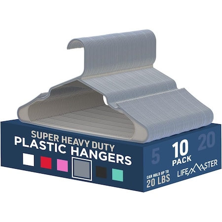 Lifemaster Heavy-Duty Plastic Hangers, Non-Slip, Space-Saving, Holds 5 lbs, Gray, 10PK LMPLCGRY10