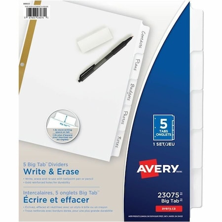 Avery Dennison Write & Erase Index Dividers 8-1/2 x 11", 5 Tab, White, PK5 23075