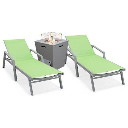 Leisuremod Marlin Grey Aluminum Patio Chaise Lounge Chair With Arms Set of 2 with Square Fire Pit Table, Green MLAGRCF21-77G2