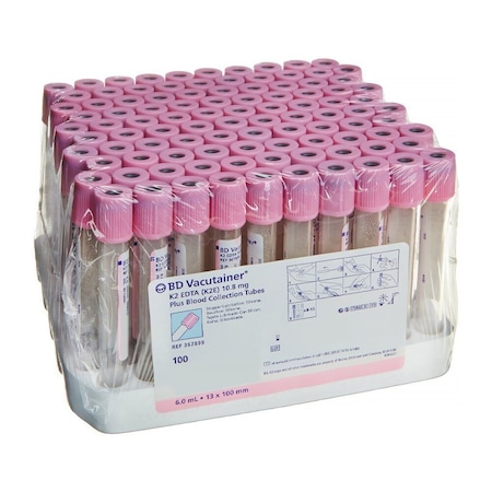 Bd Vacutainer Venous BC Tube, K2 EDTA Additive, 6mL, Hemogard Closure Plastic Tube, Pink, 100PK 367899