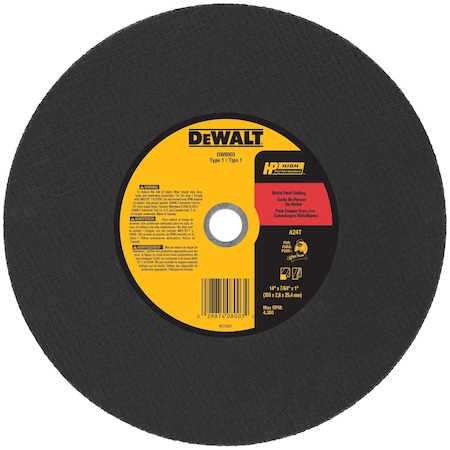 Dewalt Abrasive Cut-Off Wheel, Type 1, 14 in Dia, 0.1094 in Thick, 1 in Arbor Hole Size, Aluminum Oxide DW8003