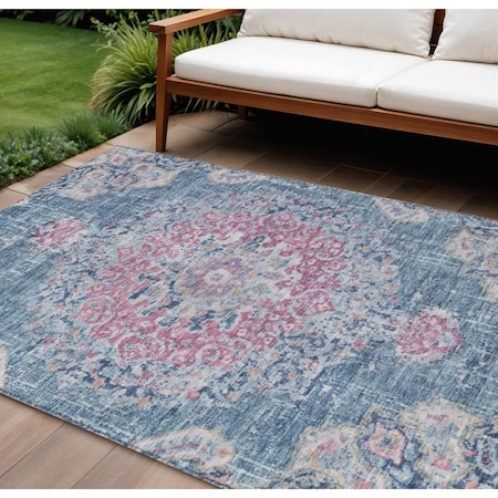 Homeroots 10' X 14' Blue Floral Medallion Washable Indoor Outdoor Area Rug 607847