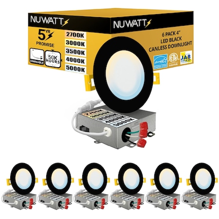 Nuwatt 4 Inch Black Canless Recessed Lighting LED Wafer Lights, Wet Rated, 2700K-5000K, 630LM, 6PK NW-P-DL-4-9W-5CT-BLK-6P