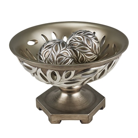 Homeroots 13" Brushed Silver Leaf Polyresin Decorative Pedestal Bowl with Orbs 468319