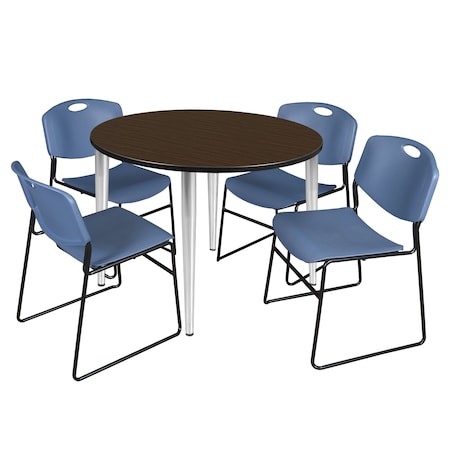 Regency Round Kahlo Breakroom Table W/ 4 Zeng Stack Chairs, 48 in W, 48 in L, Neo Walnut TPL48RNDNWCM44BE