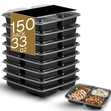 Eco Harmony Products Microwaveable Food Container, Rectangular with Lid, 3 compartments, 33oz, 150PK 804556