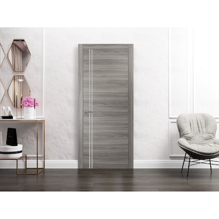 Sartodoors Modern Solid Interior Door with Handle, Planum 0310 Ginger Ash and Aluminum Strips, Single Regural PLANUM0310ID-GA-3096