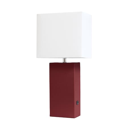 Homeroots 21" Red Faux Leather USB Table Lamp LED With White Shade 643091