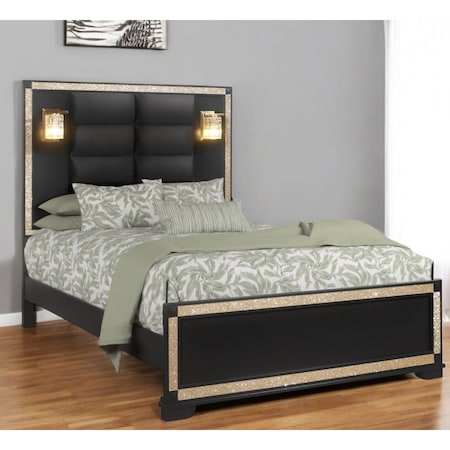 Homeroots Black Faux Crystal Bling Wood And Upholstery Lighted Queen Bed Frame 564719