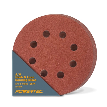 Powertec 5 in. 8 Hole Hook and Loop Sanding Discs, 120 Grit, 25PK 45012N