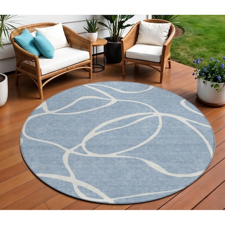 Homeroots 8' Denim Blue And Ivory Round Abstract Washable Indoor Outdoor Area Rug 597471