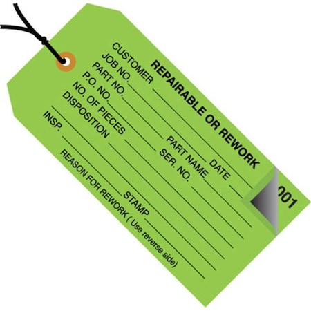 Box Packaging 2 Part Inspection Tags, Repairable Or Rework, Pre Strung, No 5, 4-3/4L x 2-3/8W, Green, 500/Pack G21032